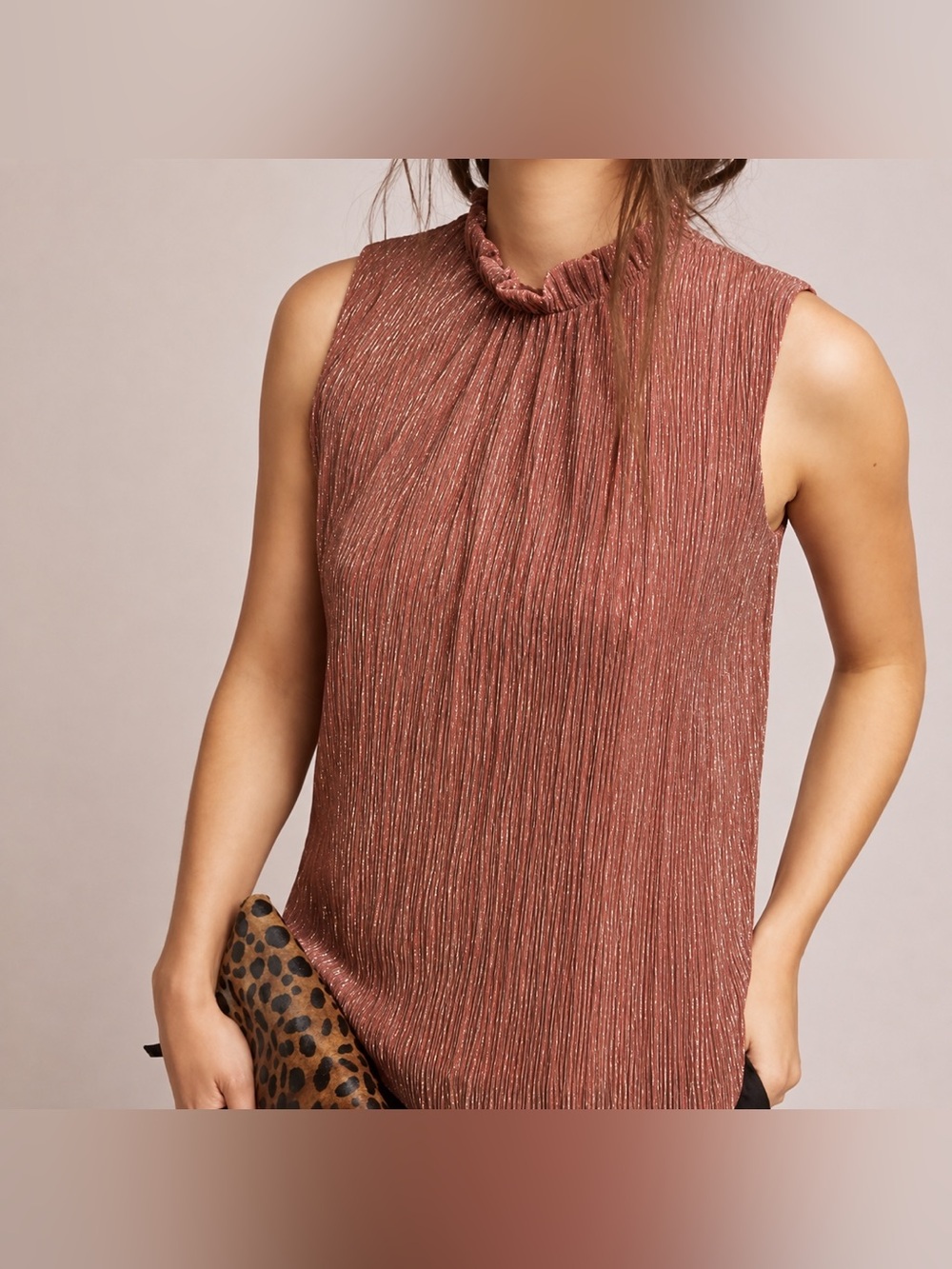 Anthropologie Eri + Ali Sleeveless Metallic Pleated Top in Rose Gold Size XS